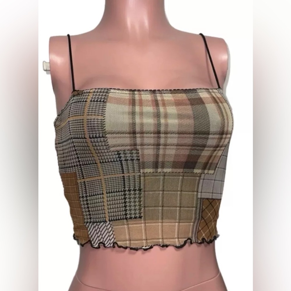 Brown Plaid Grunge Crop Top stretch straps sizes boho raver new